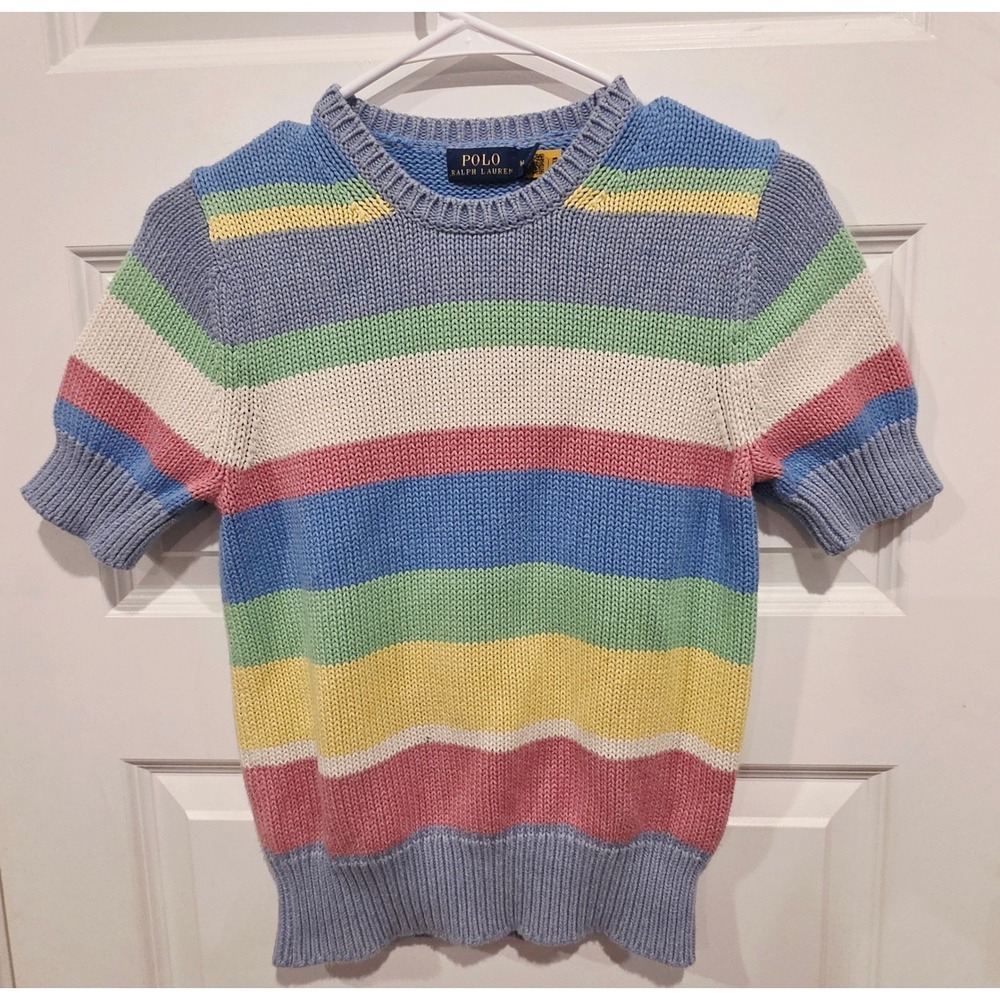 Polo Ralph Lauren Short Sleeve Sweater Womens M Multicolor Cotton Knit Striped